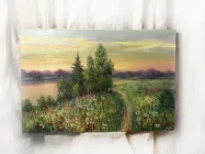 Інтер'єрна картина маслом на полотні 60х90см пейзаж луг дорога лугові квіти маки ромашки річка красиве небо ручна робота художника Alleya-kartin