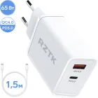 Зарядний пристрій RZTK GaN2 65W + кабель USB-C 100W, USB-C (PD3.0) USB-A (QC4.0) White