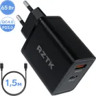 Зарядний пристрій RZTK GaN2 65W USB-A (QC4.0) USB-C (PD3.0) + кабель USB-C 100W Black