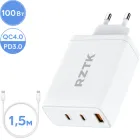 Зарядний пристрій RZTK GaN2 100W USB-A (QC4.0) 2xUSB-C (PD3.0) + кабель USB-C 100W White