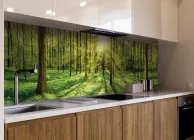 Кухонний фартух ПВХ Ліс Промені Сонця (наклейка вінілова для кухні плівка скіналі) природа дерева зелений 650*2500 мм