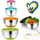 Набір металевих мисок 4 шт (28-16см) Ari&Ana з силіконовим дном і кришкою, різнокольорові