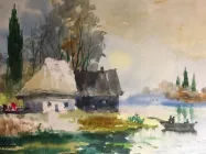 Картина акварель пейзаж ранок озеро українська хата лодка 15х20,7 відомий художник ручна робота Alleya-kartin