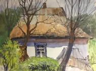 Картина акварель краєвид пейзаж весна село українська хата 23,5х17,5 cм відомий художник ручна робота Alleya-kartin