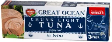 Упаковка тунця Tropic Life Great Ocean цілий у власному соку 80 г х 3 шт (5055448007246)