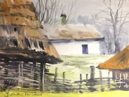 Картина акварель краєвид пейзаж весна село українська хата сарай тин 23,5х17,5 см відомий художник ручна робота Alleya-kartin