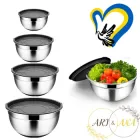Набір металевих мисок 4 шт (28-16см) Ari&Ana з силіконовим дном і кришкою, чорні
