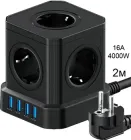 Універсальний настільний подовжувач мережі 2 метри MADORU на 5 розеток 16А і USB для заряджання, чорний