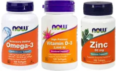 Набір Жирні кислоти Now Foods Омега-3 1000 мг 100 желатинових капсул + Вітаміни Now Foods Вітамін D3 2000IU 120 желатинових капсул + Мінерали Now Foods Zinc Gluconate - 50 мл 100 таблеток (733739016508+733739003676+733739015204)
