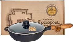 Сковорода Maysternya чавунна лита з дерев'яною ручкою і кришкою 24 см (Т304С3)