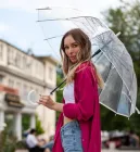 Парасолька кістка з білою ручкою та облямівка по краю купола 14 спиць без принта напівавтомат Прозора