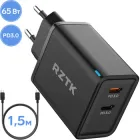 Зарядний пристрій RZTK GaN2 65W 2 USB-C (PD3.0) + кабель USB-C 100W Black