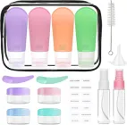 Дорожній набір ємностей для косметики 3DTOYSLAMP 16 предметів 4×90 мл флакони туби баночки з розпилювачем лопаткою воронкою йоржиком наклейками косметичка прозора на блискавці багаторазова для подорожей відряджень спортзалу дому пологового будинку лікарні