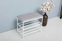 Банкетка для взуття 60*32*52 см світло-сіра з білим каркасом, велюрова підставка для взуття на 2 полички не прошита