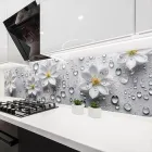 Наклейка на кухонний фартух 65 х 300 см, з захисною ламінацією, білі квіти з великии краплями роси на сірому фоні (БП-tx369-4)