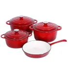 Набір чавунного посуду для приготування 3 каструлі та сковорода з емальованим покриттям Червоний