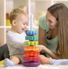 Дитяча розвиваюча гвинтова тактильна ''крутезна пірамідка 41 см'' 6 кілець Монтессорі велика для малюків елементи різних форм в коробці