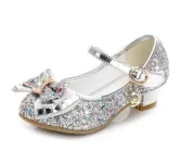 Дитячі туфлі для дівчинки принцеси святкові з бантом і каблуком р 32 сріблясті блискучі