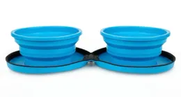 Силиконовая двойная миска с сумочкой, 2х700мл, голубая