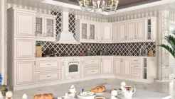 Модульна кухня ІМПЕРІЯ класика кутова (7 верхніх + верхній кут + 8 нижніх тумб + нижній кут + шафа-пенал) 410 / 210 - 230 см Білий / Бежевий МДФ