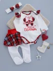 Новорічний комплект для новонародженої дівчинки Боді з рюшею +повзунки+пов'язка білий з червоним 68 см