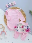 Теплий комплект для новонародженої дівчинки (бодік з рюшами + штанці зі спідничкою + пов'язочка на голову) тканина футер 56 см рожевий з малюнком
