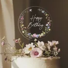 Топпер прозорий круглий Happy Birthday з квітами