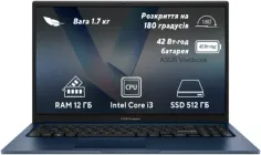 Ноутбук ASUS Vivobook 15 X1504VA-BQ977 (90NB10J1-M016M0) Quiet Blue / 15.6" IPS / Intel Core i3-1315U / RAM 12 ГБ / SSD 512 ГБ / Підсвітка клавіатури