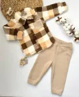Теплий комплект для новонародженого малюка Сорочка тканина плющ Тедді + штани тканина фліс 74 см Клітинка різнокольорова+бежевий