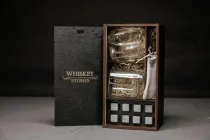 Подарунковий Набір Каменів Для Віскі в Дерев'яному Пеналі + 2 Склянки Pasabahce Luna (350 мл) + камені для віскі зі стеатиту 8 шт + щипці + мішечок для зберігання