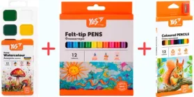 Набір YES Orange Line Фарби акварельні медові 12 кольорів + Фломастери 12 кольорів + Олівці кольорові 12 кольорів з точилкою (4823125200836/5056574436566/5056574430571)