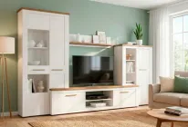 Тумба під телевізор з наддувним полицею і пеналами Меблі-Сервіс Монтреал Андерсон пайн/Дуб апріл