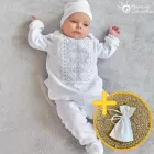 Костюм для хрещення хлопчика Мамине Сонечко Богатир срібно-білий 62 розмір, набір одягу для хрещення хлопчика (вишиванка, штани, шапка і пінетки), велюр білий + мішечок для першого волосся у подарунок (арт.12215)