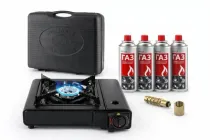 Портативна газова плита + 4 газових балончика туристична похідна кемпінгова 2200 Вт піч на газових балонах з п'єзопідпалом переносна з пластиковим кейсом чорна