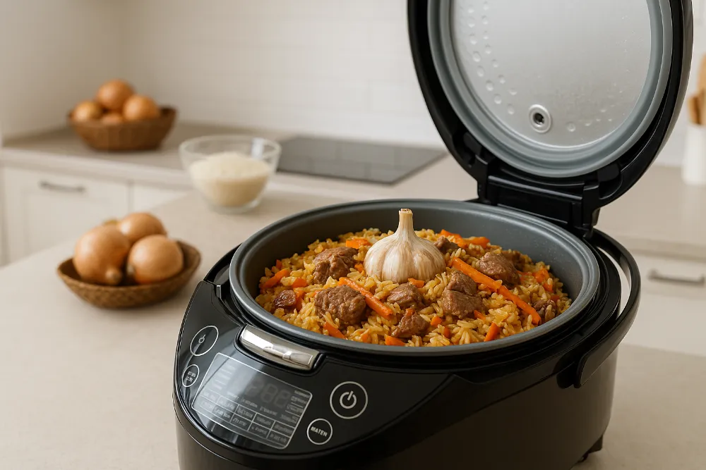 Готовий плов у мультиварці на кухні з м’ясом, рисом і овочами