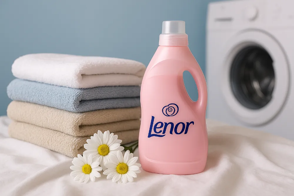 Пляшка Lenor з логотипом серед м’яких рушників і квітів на фоні пральної машини