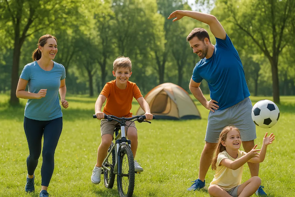 Родина займається спортом на природі, позаду встановлений намет серед дерев
