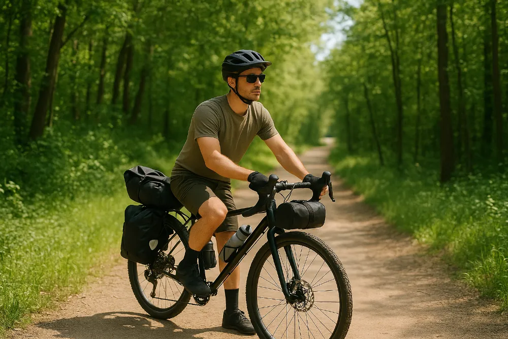 Чоловік на чорному велосипеді з сумками їде лісовою дорогою