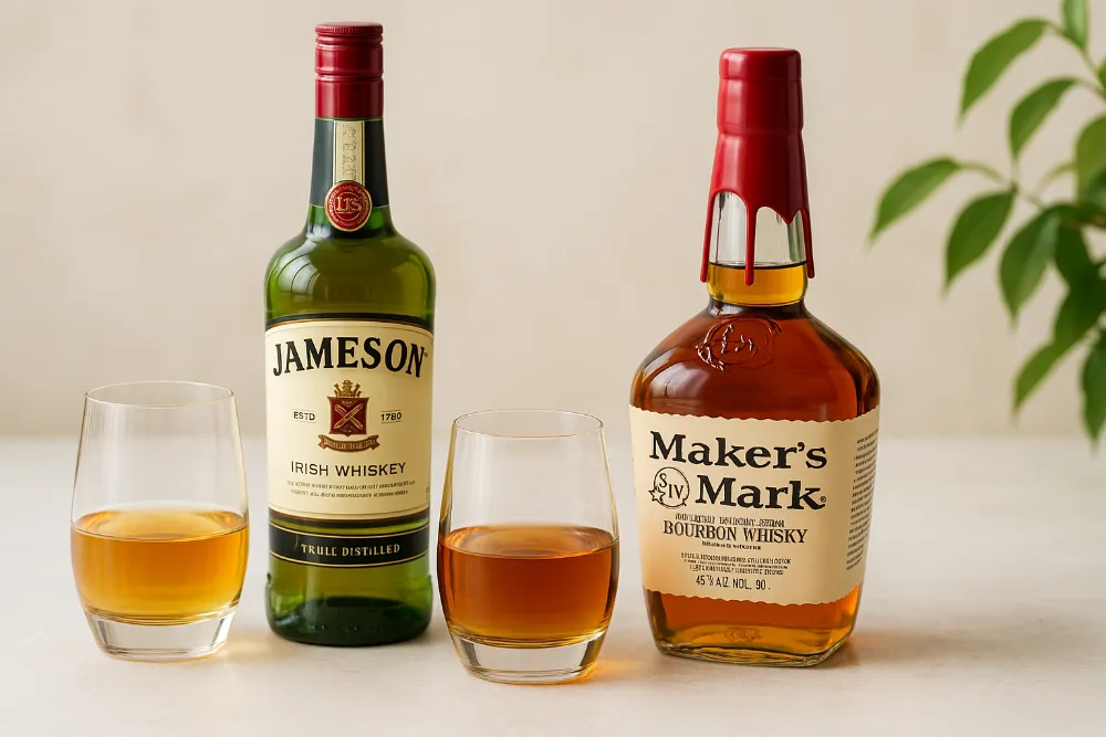 Пляшки Jameson і Maker’s Mark поруч з келихами віскі на денному світлі
