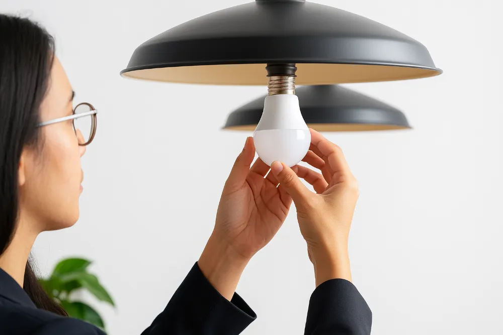 Жінка встановлює LED-лампу у чорний світильник на фоні білої стіни
