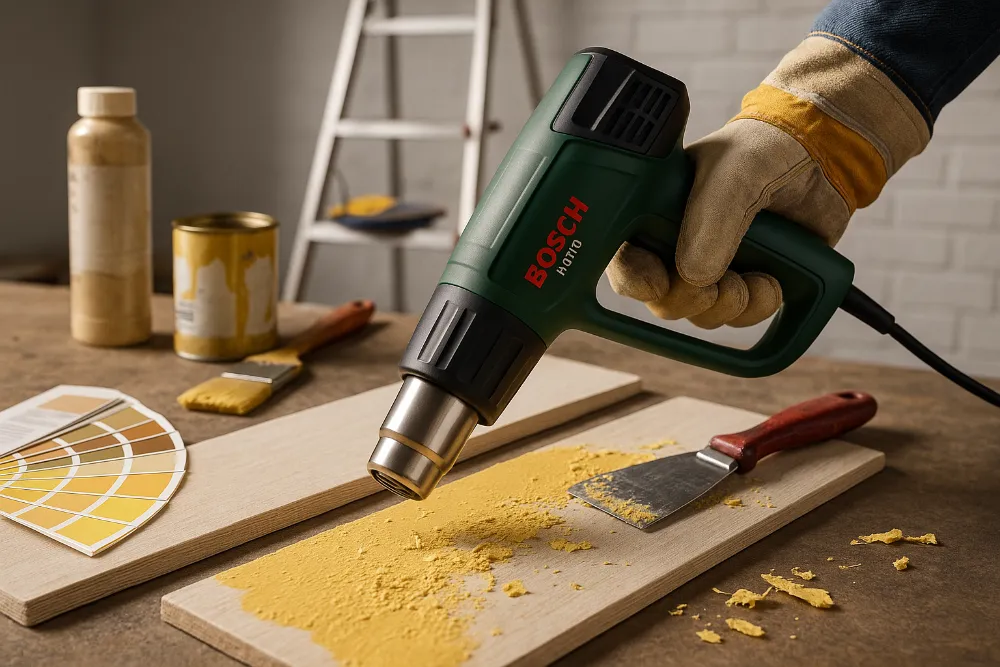 Робота з будівельним феном Bosch при знятті жовтої фарби з дерев’яної дошки