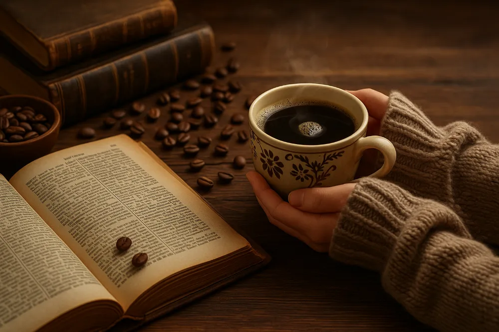 Руки в светрі тримають чашку з паруючою кавою біля старої книги та кавових зерен