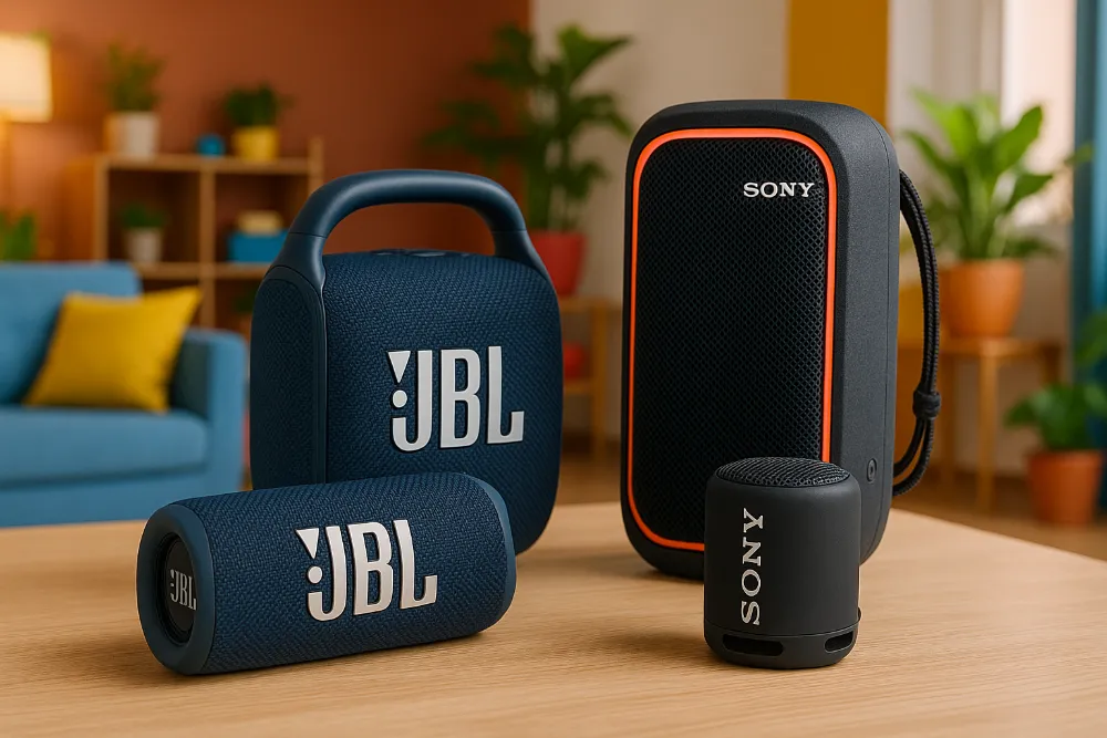 Чотири bluetooth-колонки JBL та Sony у сучасному кольоровому інтер’єрі