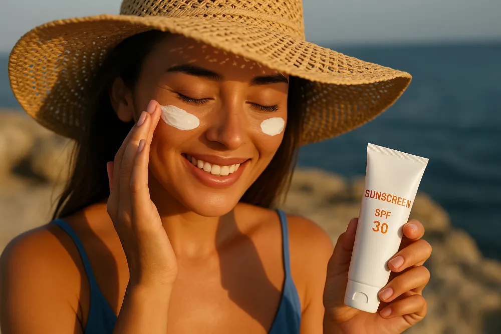 Усміхнена жінка в капелюсі наносить крем SPF 30 біля моря в сонячний день