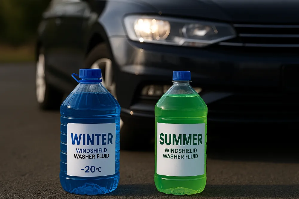 Синя й зелена пляшки з маркуванням «Winter» та «Summer» поруч із авто на асфальті