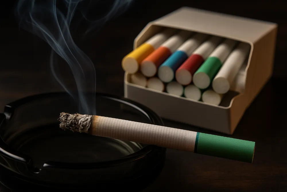 Палаюча ароматизована сигарета лежить у скляній попільничці, поруч відкрита пачка з різнокольоровими фільтрами