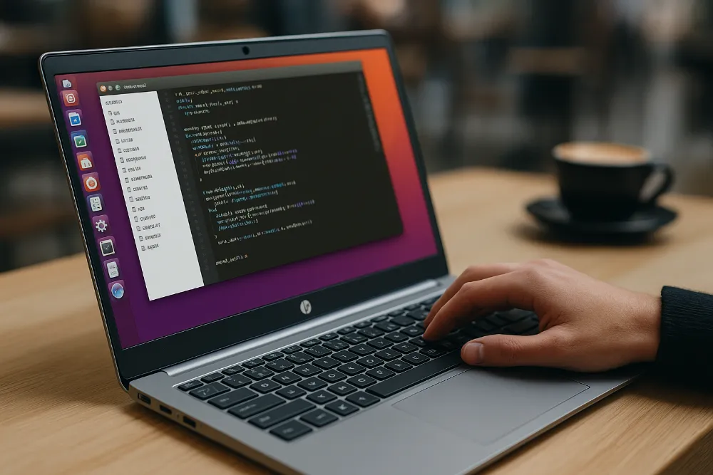 Кодинг на сучасному ноутбуці HP з Ubuntu у затишному кафе з кавою