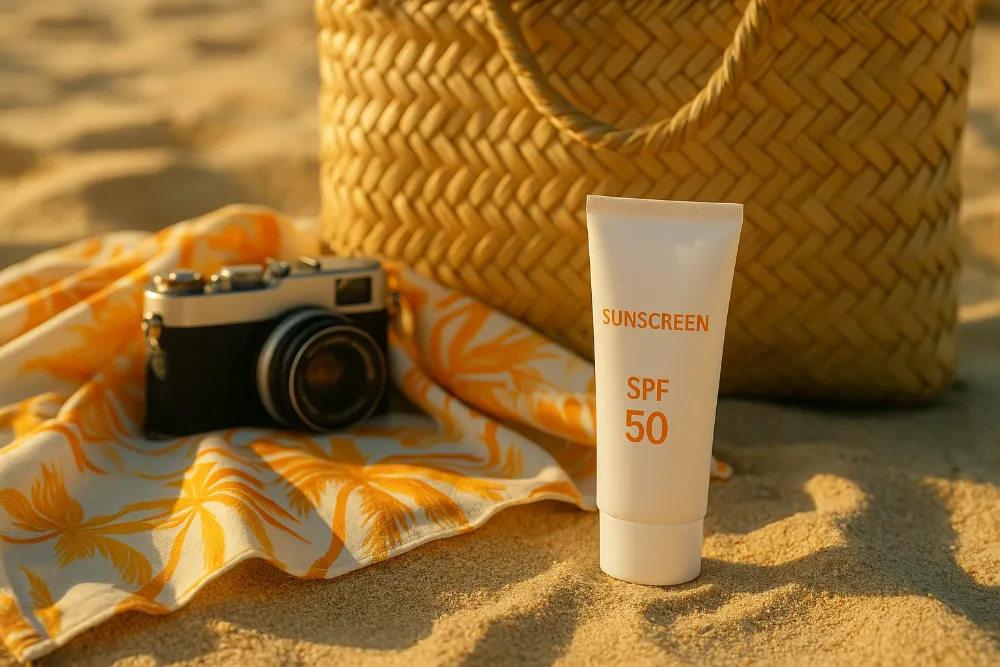 Тюбик сонцезахисного крему SPF 50 на піску поруч з фотокамерою, хусткою і сумкою