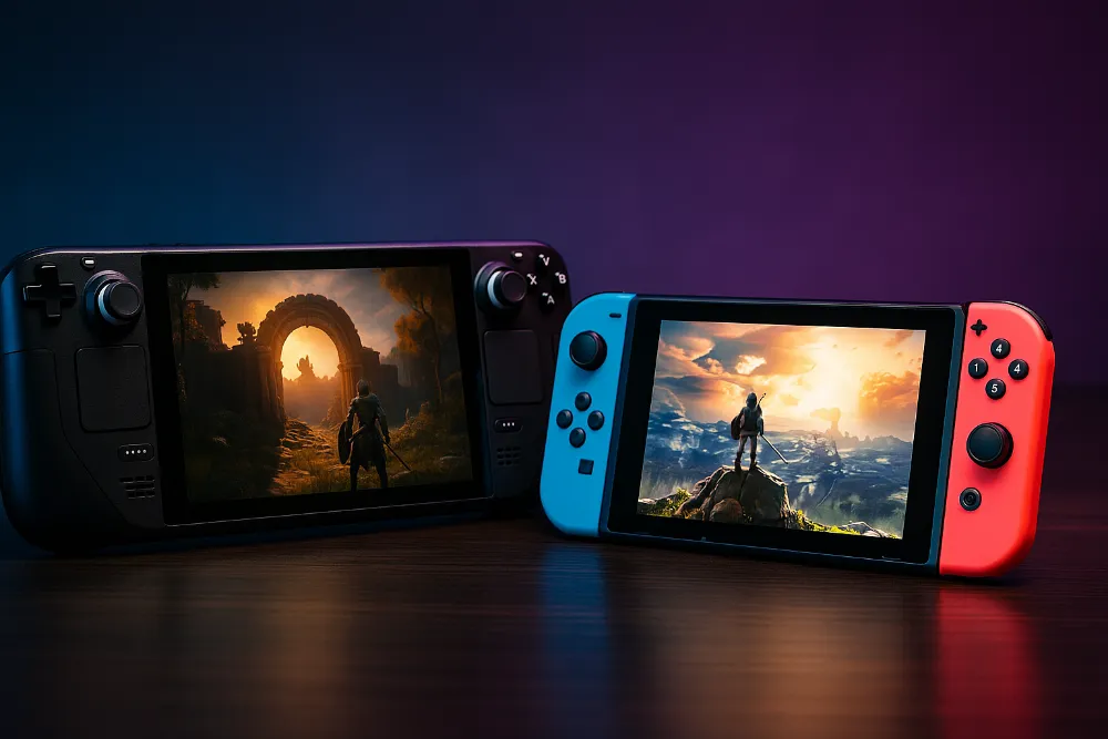 Steam Deck і Nintendo Switch на столі з увімкненими іграми та геймерським підсвічуванням