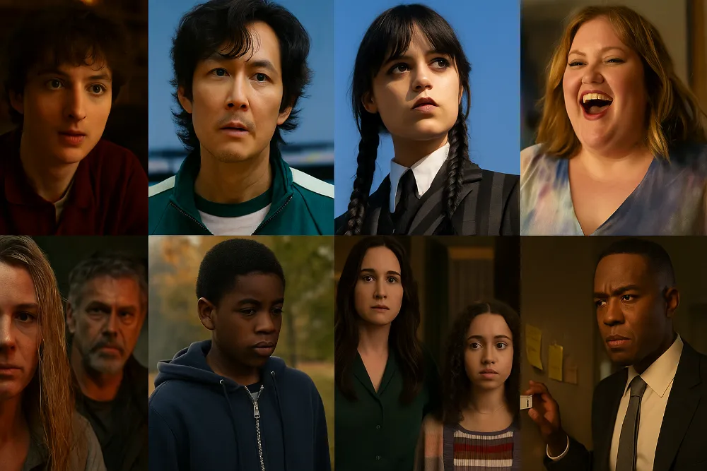 Колаж з кадрів серіалів Stranger Things, Squid Game, Wednesday та інших новинок Netflix 2025